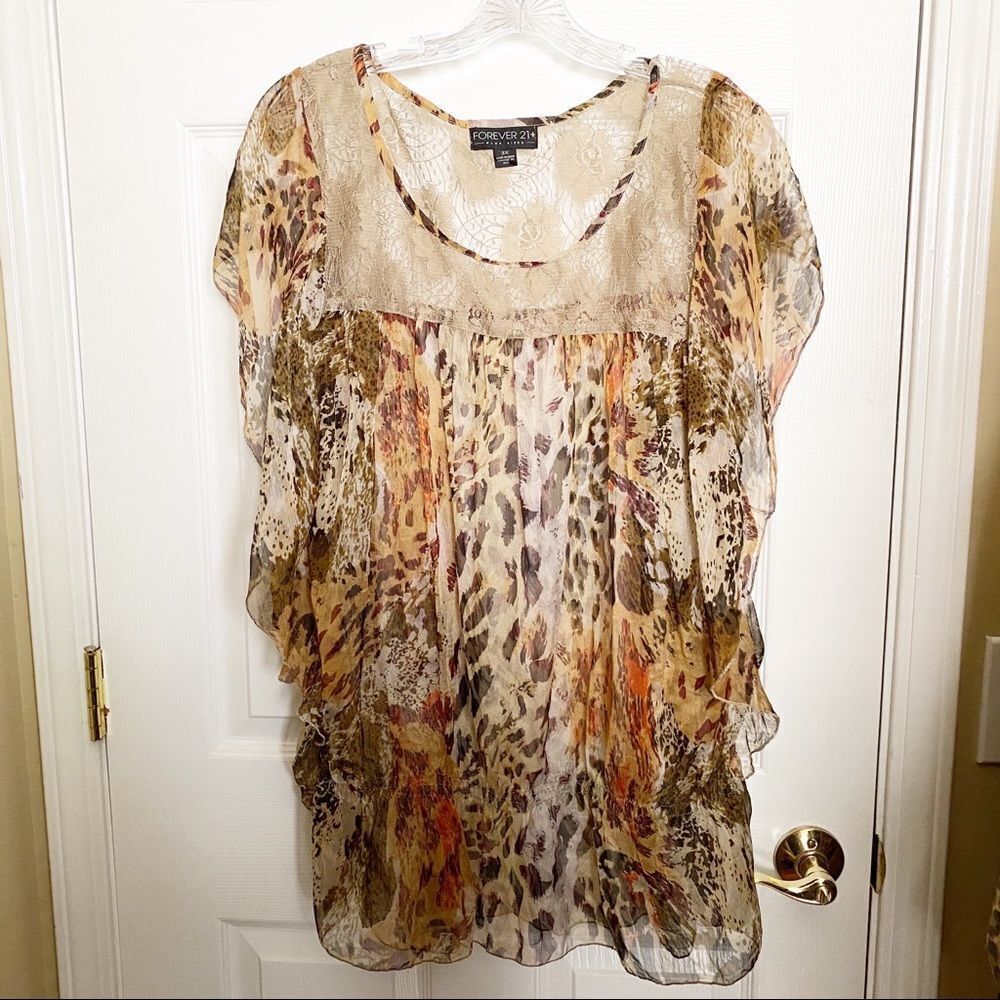 Sheer Leopard and Lace Flutter Sleeve 3X Top